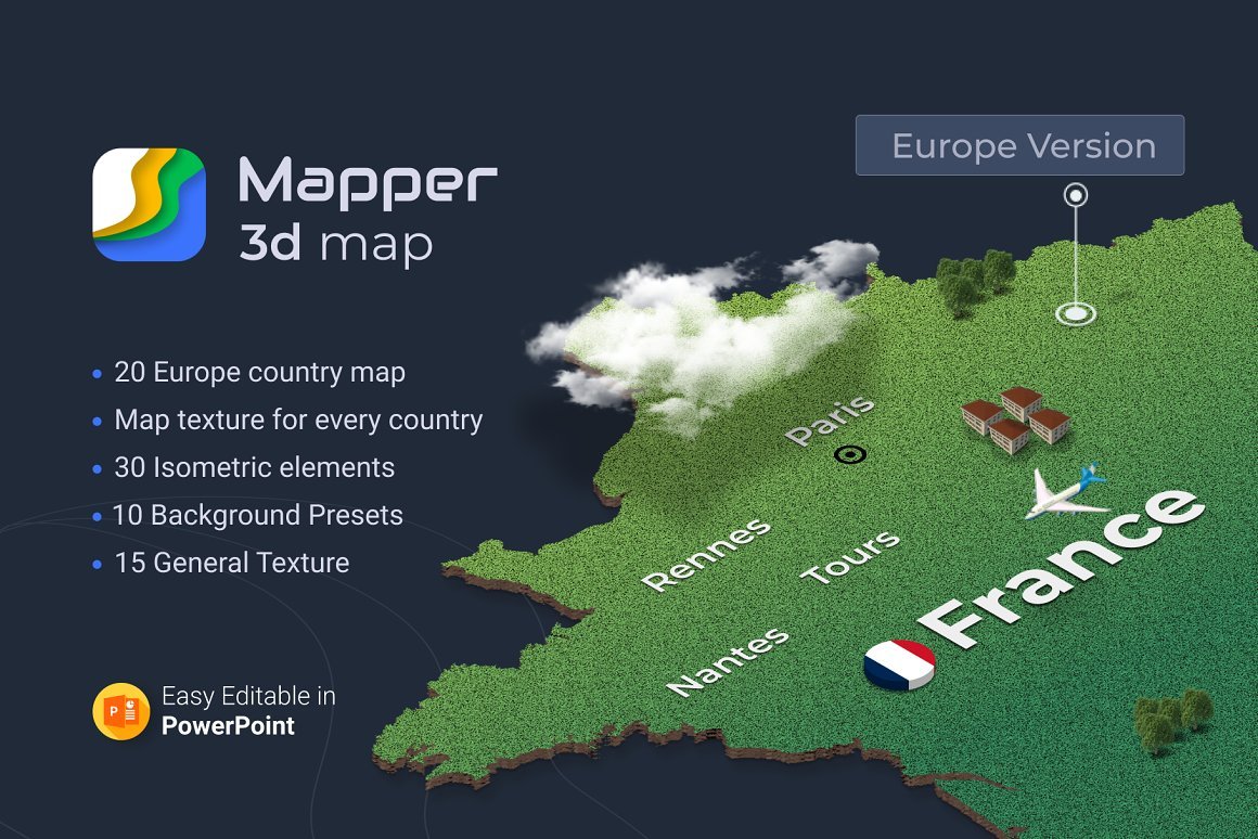 Mapper – 20 European Countries 3D Maps PowerPoint template