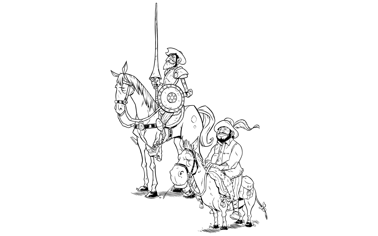 Don Quixote and Sancho Panza Line Art - Illustration