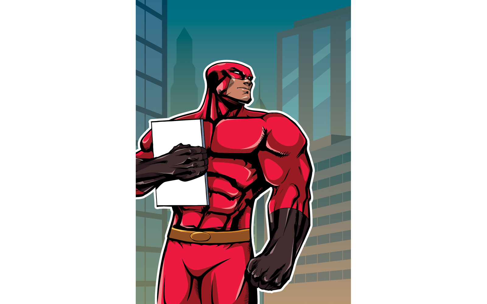 Superhero Holding Book in City Vertical - Illustration