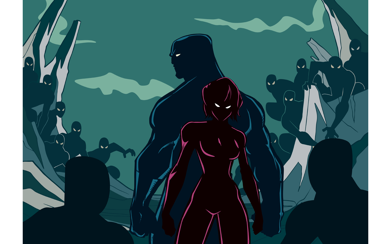 Superhero Couple against Minions Silhouette - Illustration