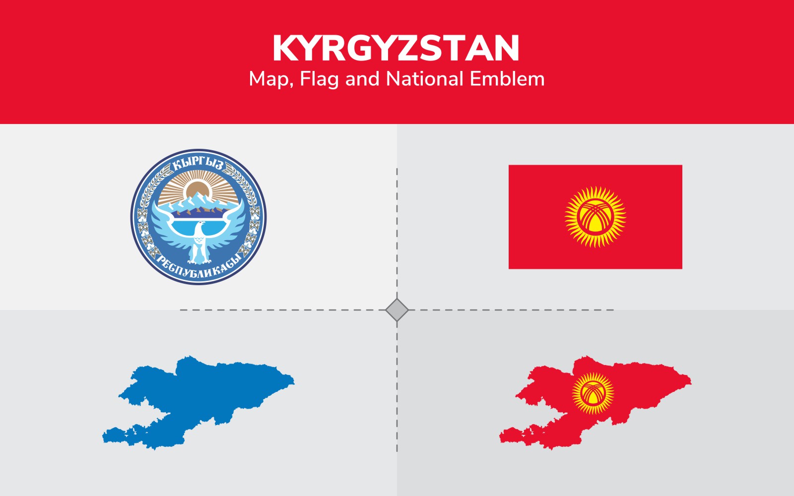 Kyrgyzstan Map, Flag and National Emblem - Illustration