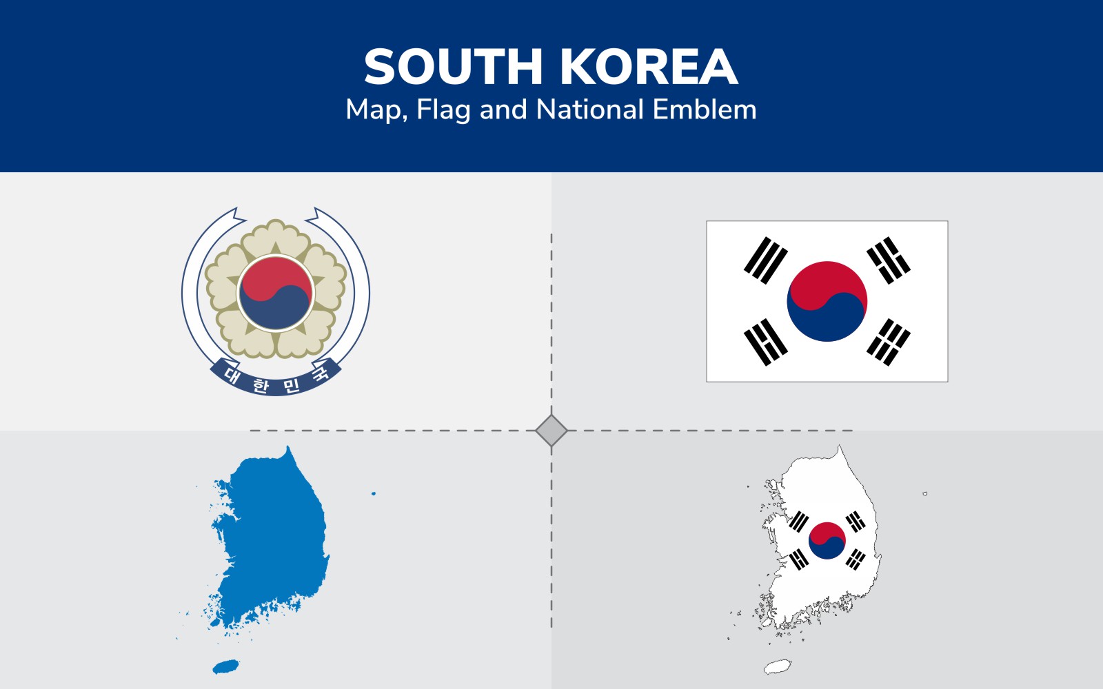 South Korea  Map, Flag and National Emblem - Illustration