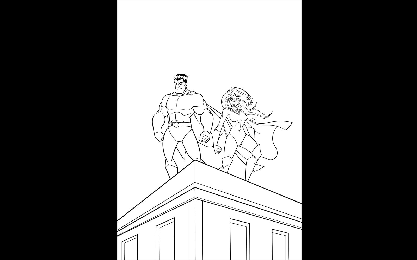 Superhero Couple Roof Watch Line Art - Illustration