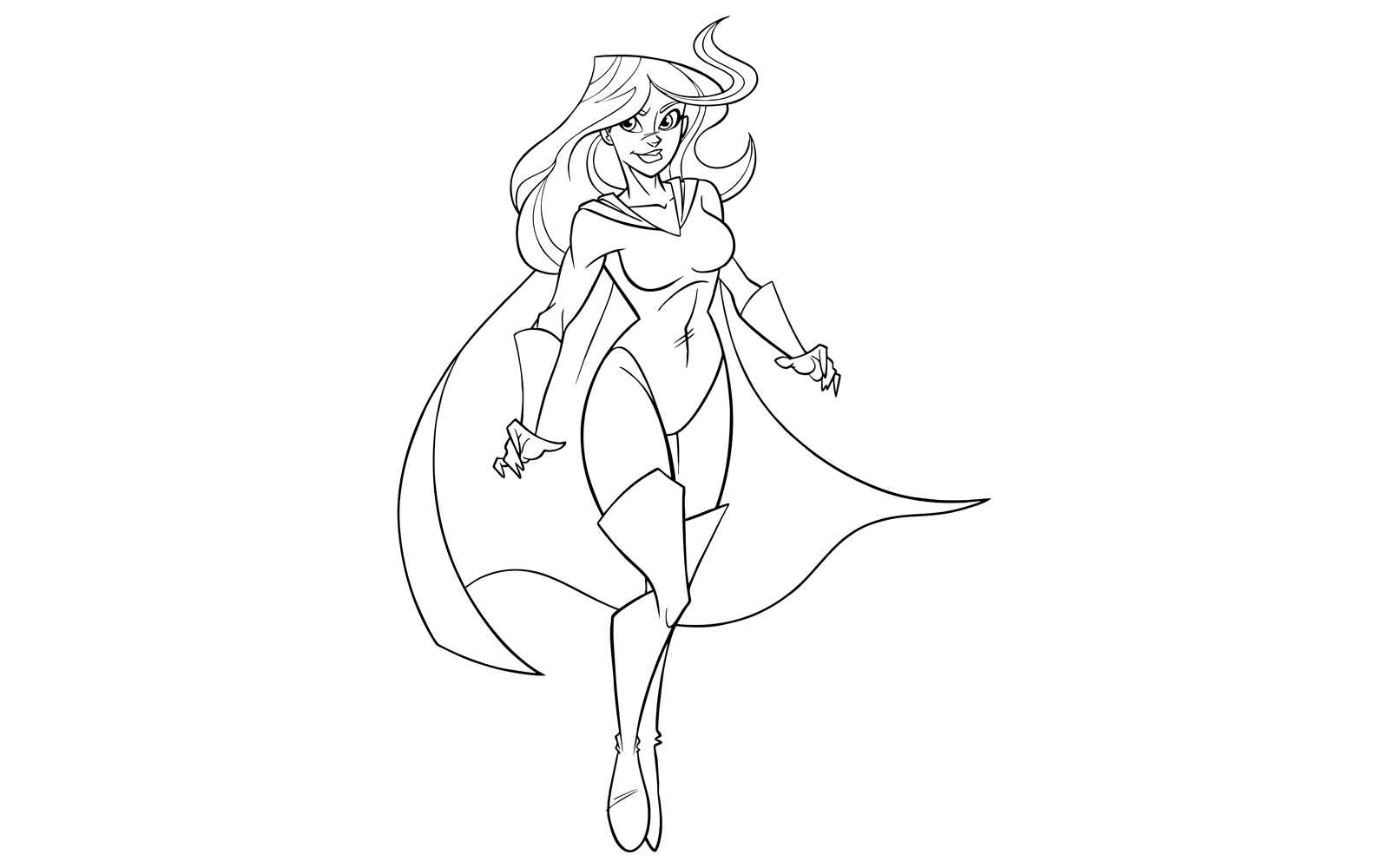 Superheroine Flying 5 Line Art - Illustration