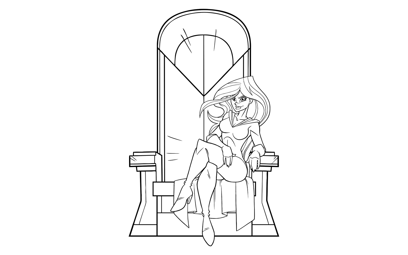 Superheroine on Throne Line Art - Illustration