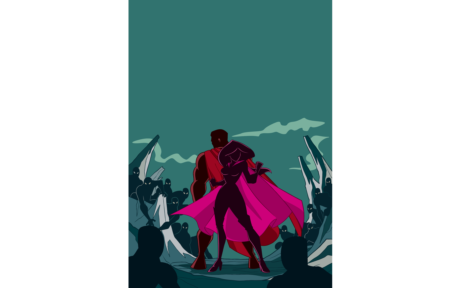 Superhero Couple Back to Back Silhouette - Illustration