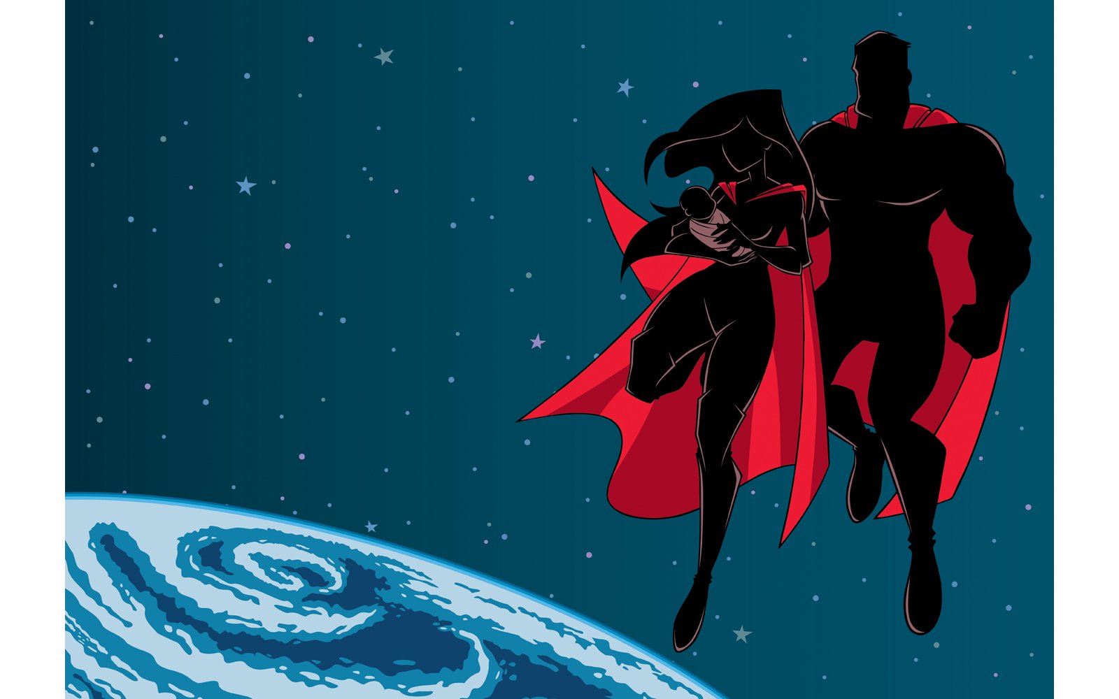 Super Mom Dad and Baby Space Silhouette - Illustration