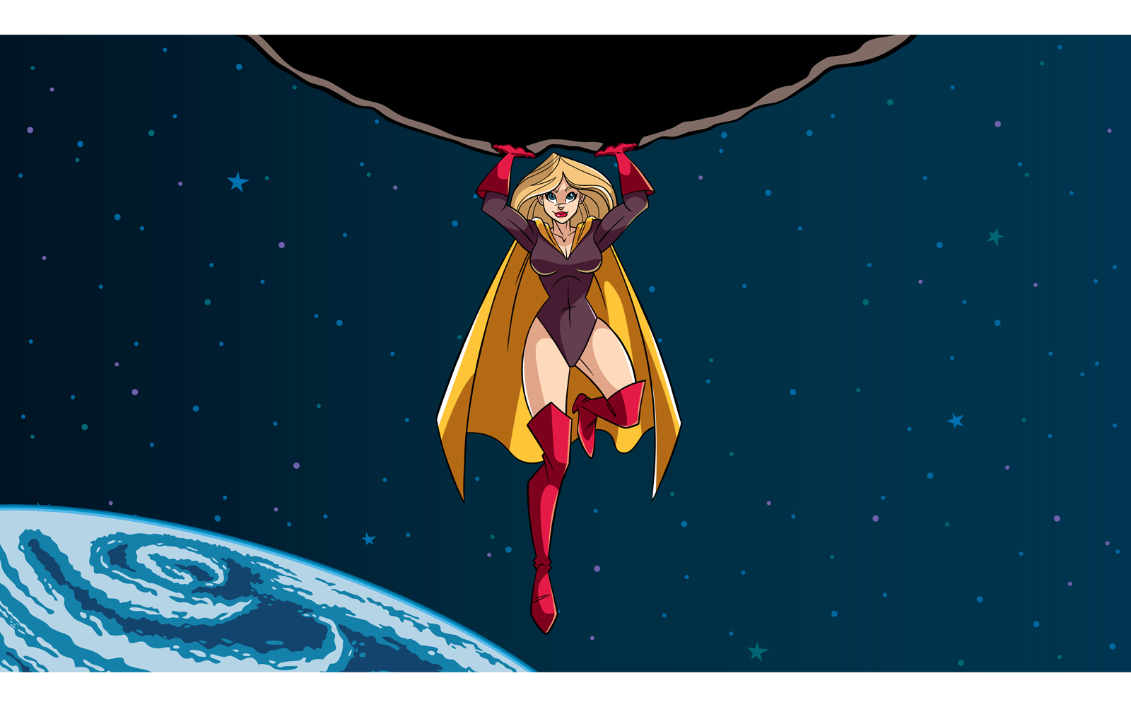 Superheroine Holding Boulder above City - Illustration