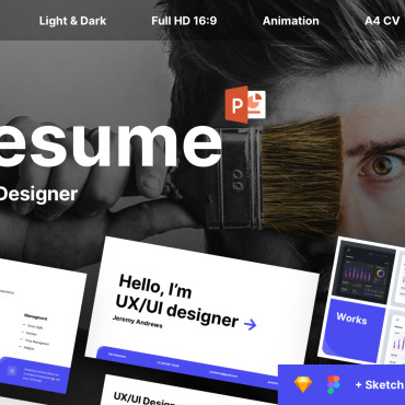 Letterdarkdesigneruxuiweb Designeducationmodernprocessprojectworkskillssketchfigmapowerpointportfolio PowerPoint Templates 150263