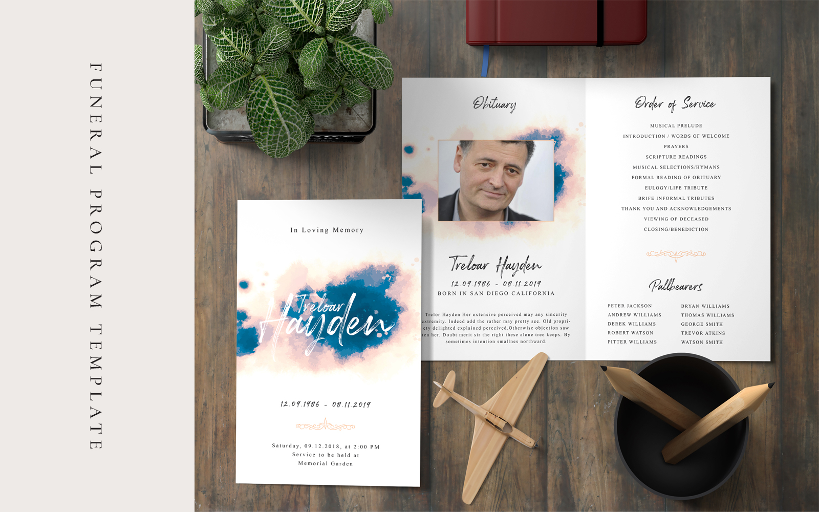 Minimal Effective Funeral Program - Pink and Blue Paint Smudge Theme