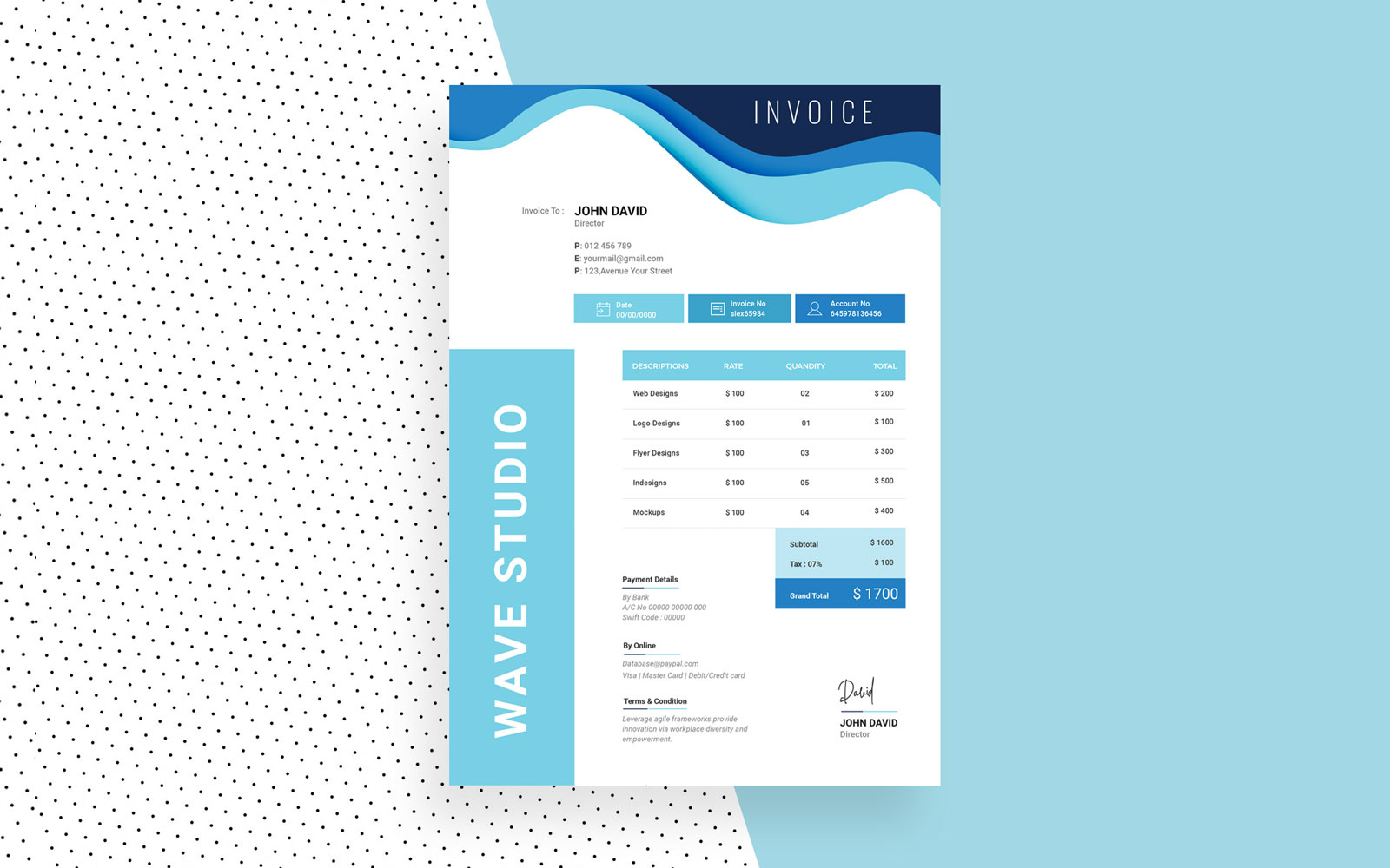 Minimal Invoice - Blue and whte Wave Design Template