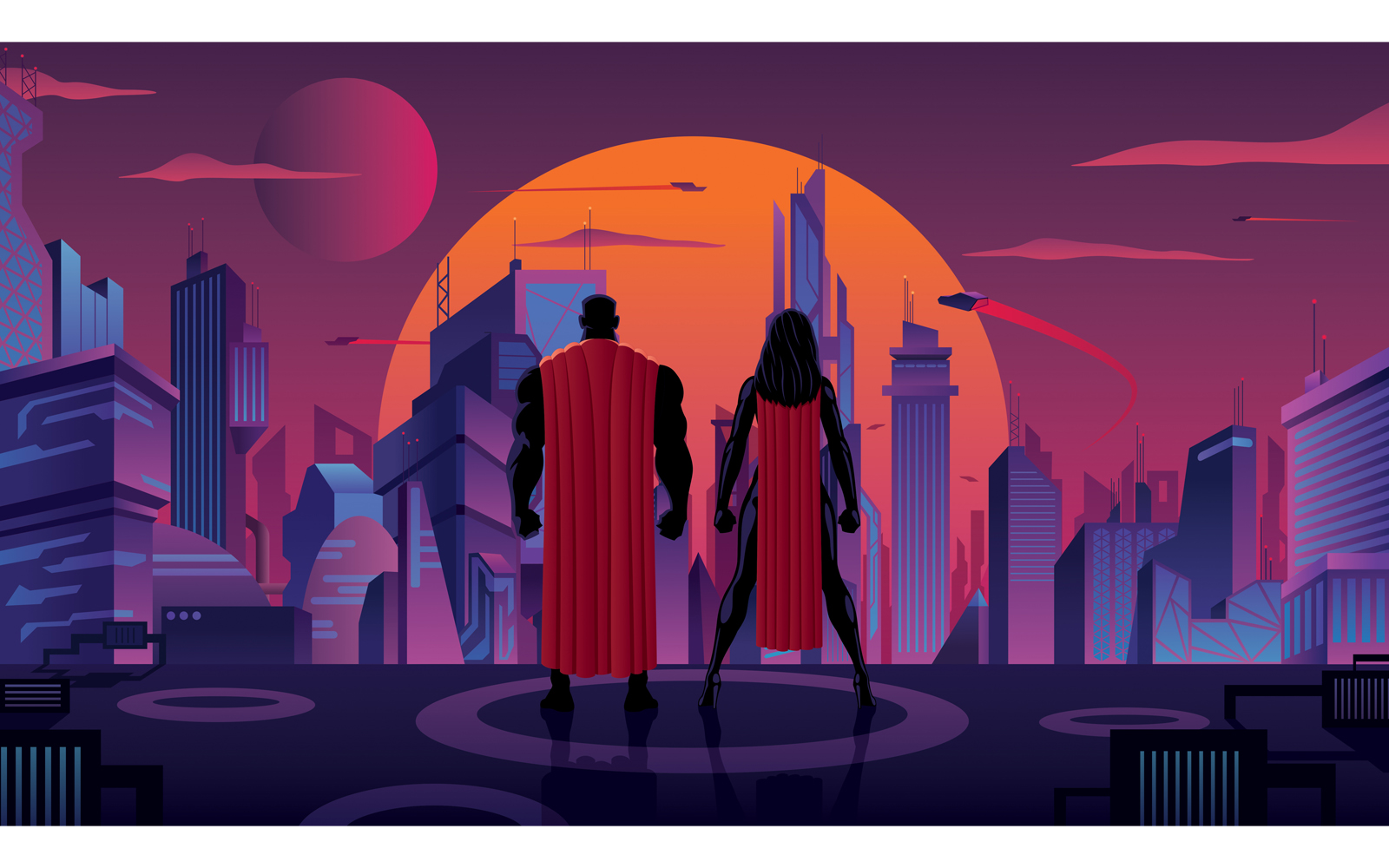 Superhero Couple in Futuristic City - Illustration