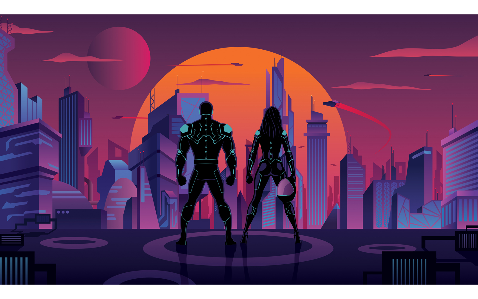 Superhero Couple in Futuristic City 2 - Illustration