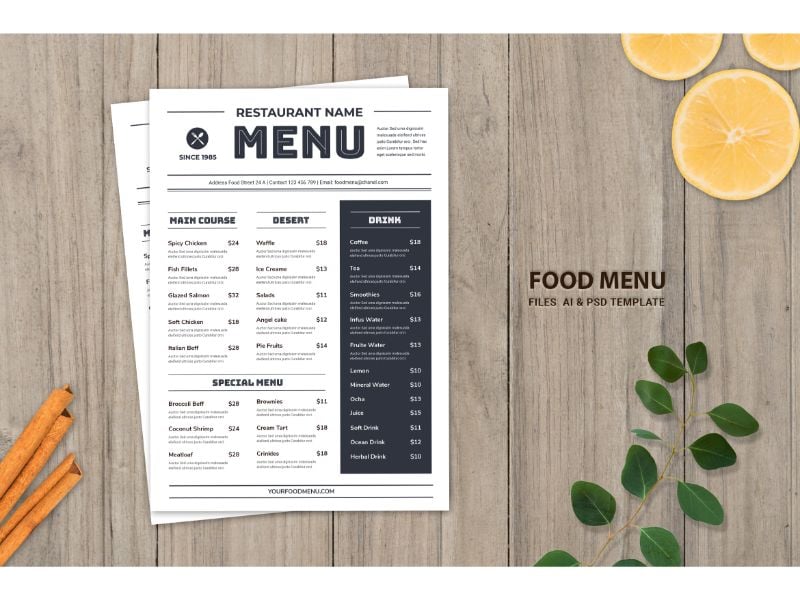 Food Menu Black & White - Corporate Identity Template