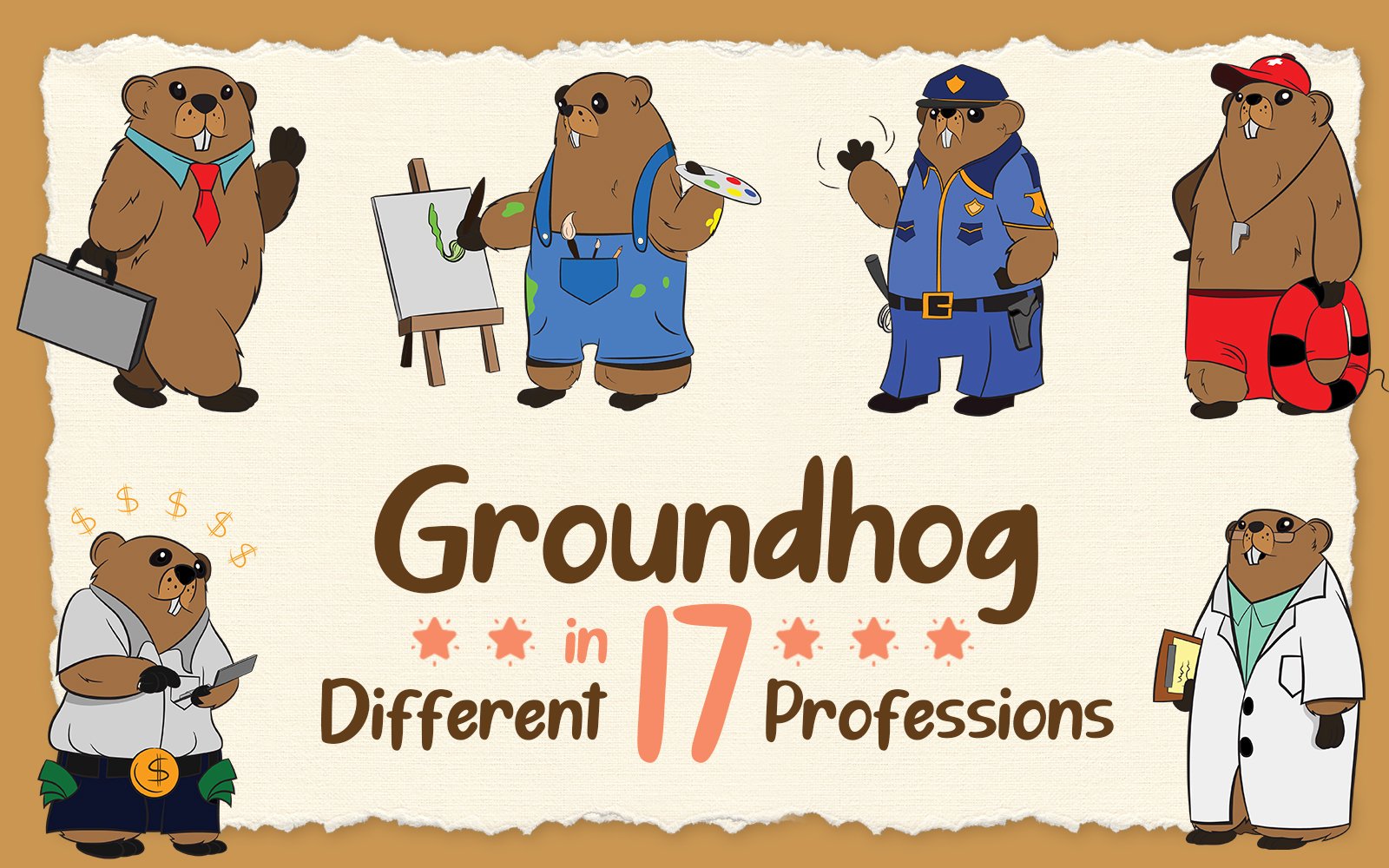 Groundhog Character in 17 Different Professions for Groundhog Day - Illustration