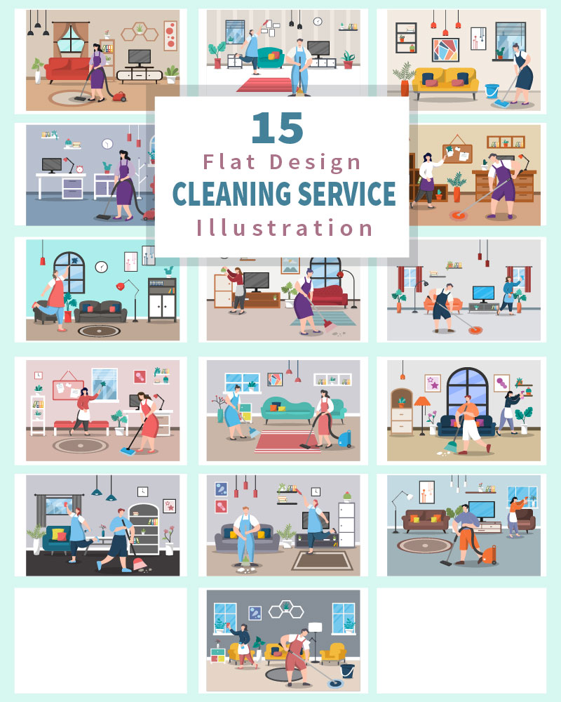 15 Home Cleaning Service Flat Design - Illustration