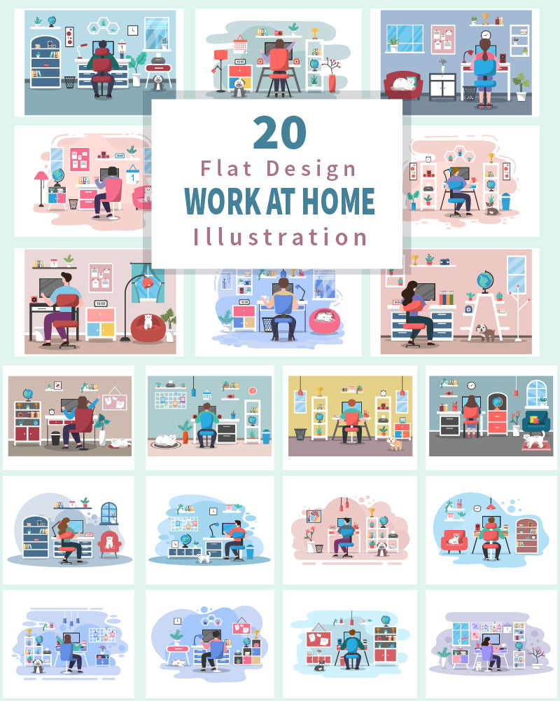 20 Work From Home Flat Design - Illustration