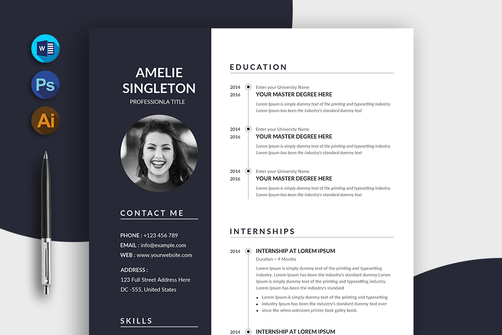 Amelie Singleton Premium Resume Template