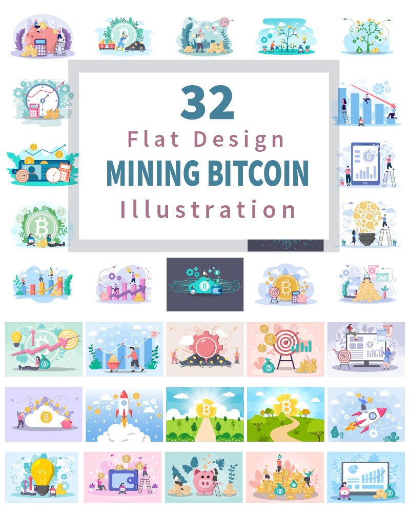 32 Mining Bitcoin Cryptocurrency Flat Design