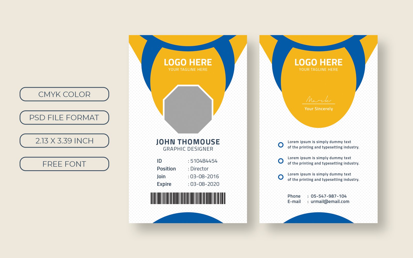 ID Card Layout with Blue and Yellow  - Corporate Identity Template