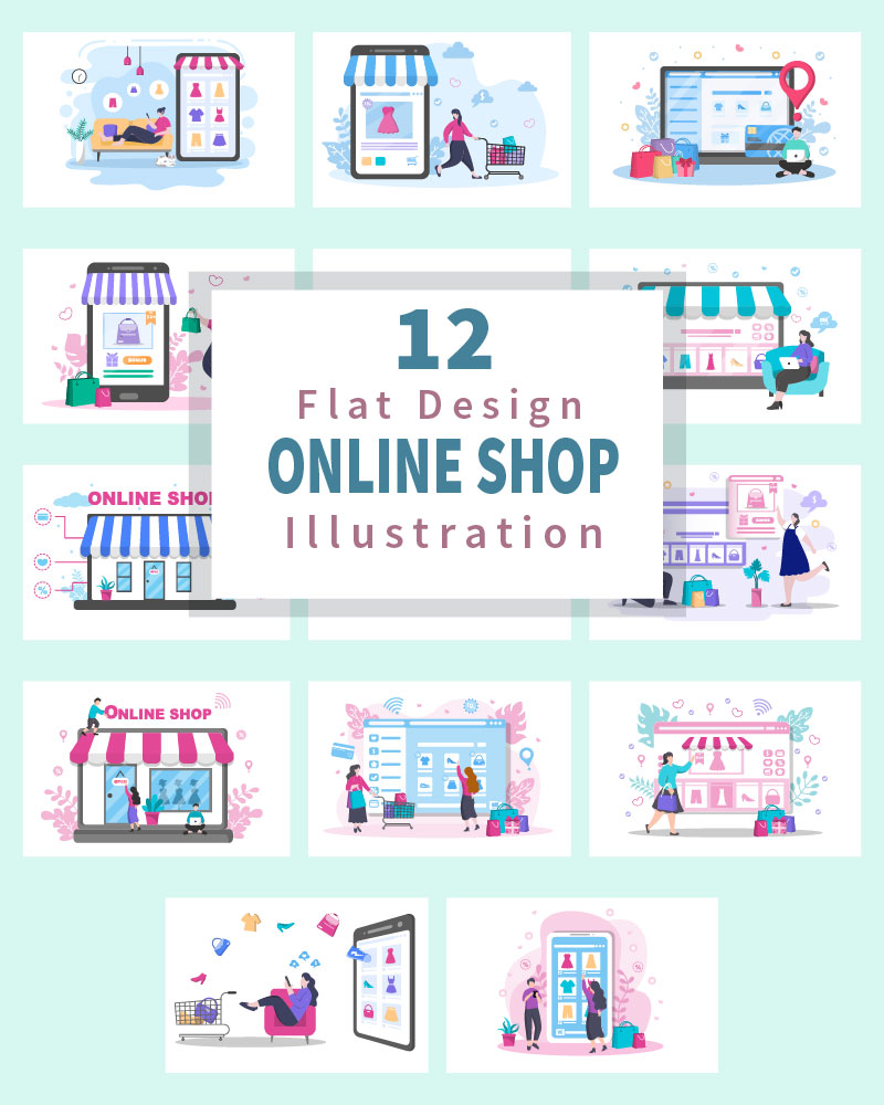 12 Online Shopping Flat Design - Illustration