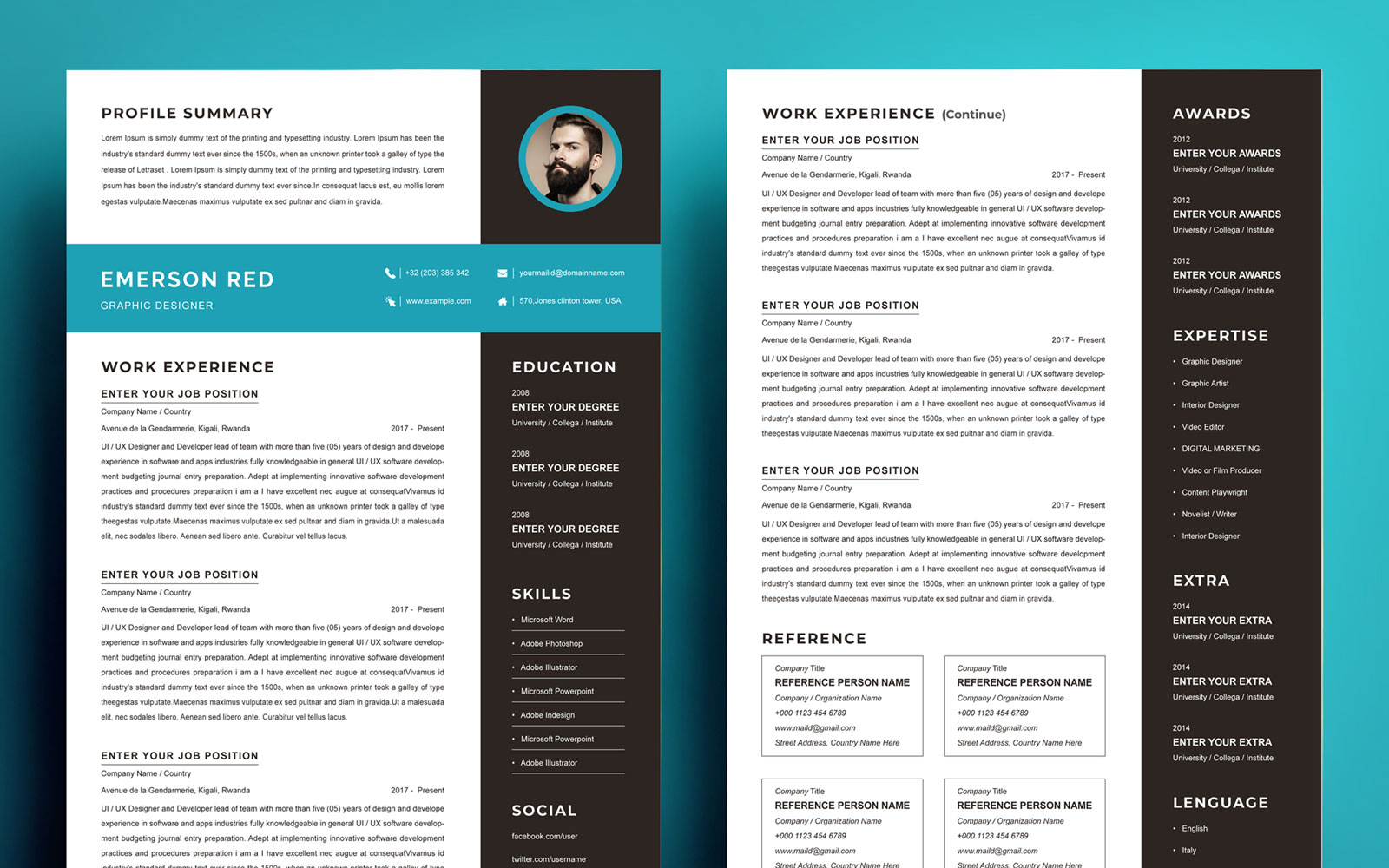 Resume Template Clean Resume CV Template - Emerson Red