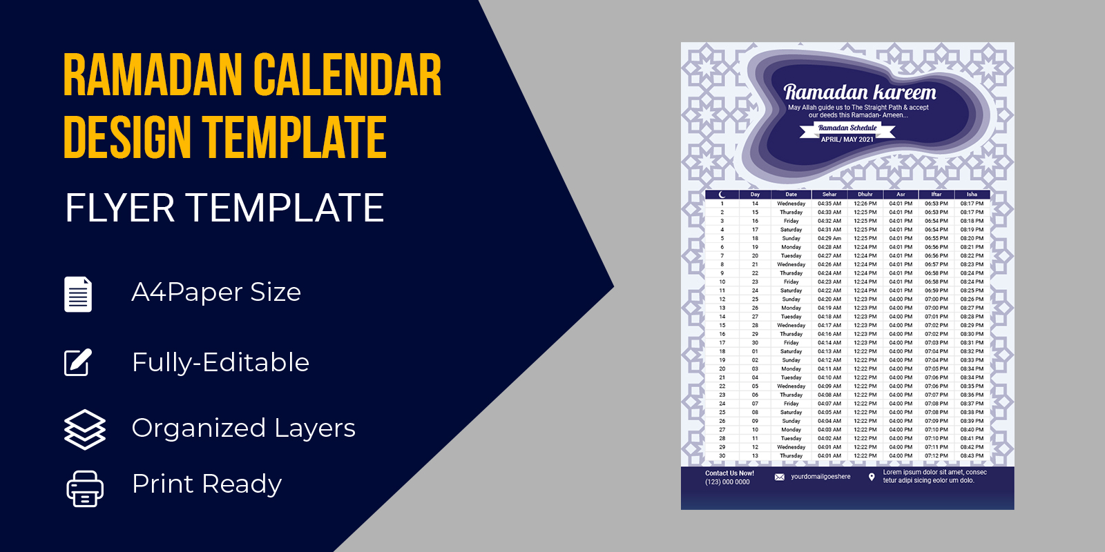 Ramadan Kareem Month Calendar 2021 English Dates Corporate identity template