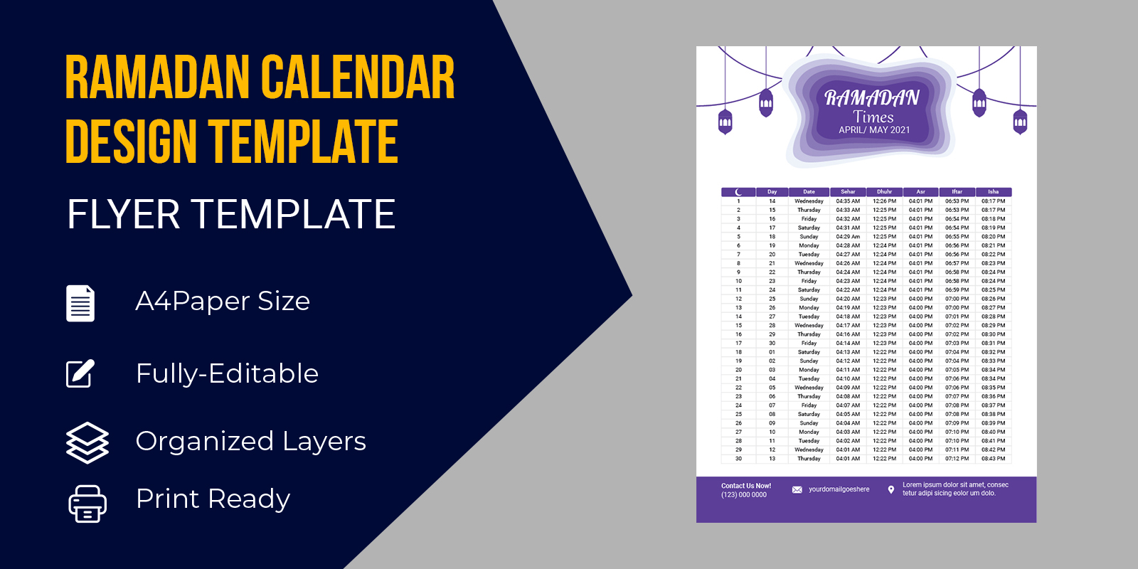 Ramadan Calendar schedule for Prayer times 2021 Corporate identity template