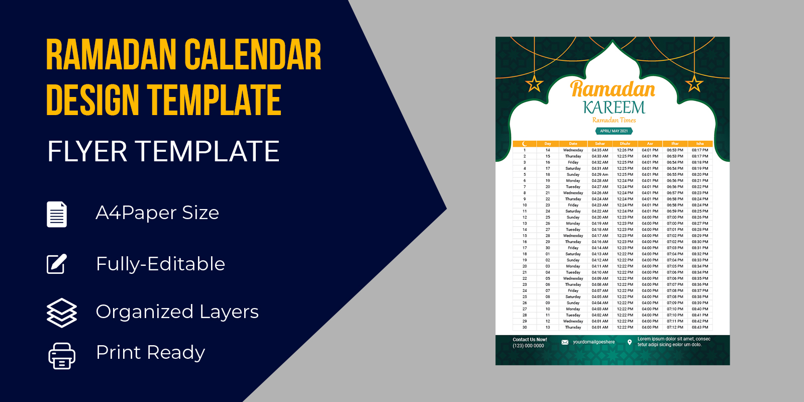 Ramadan schedule for Ifter, Prayer times 2021 Corporate identity template