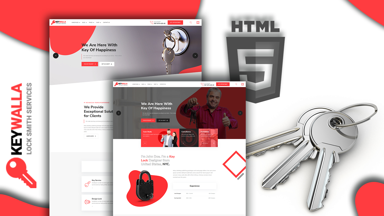 Keywalla- Key Service Website Template - Red and Grey Theme