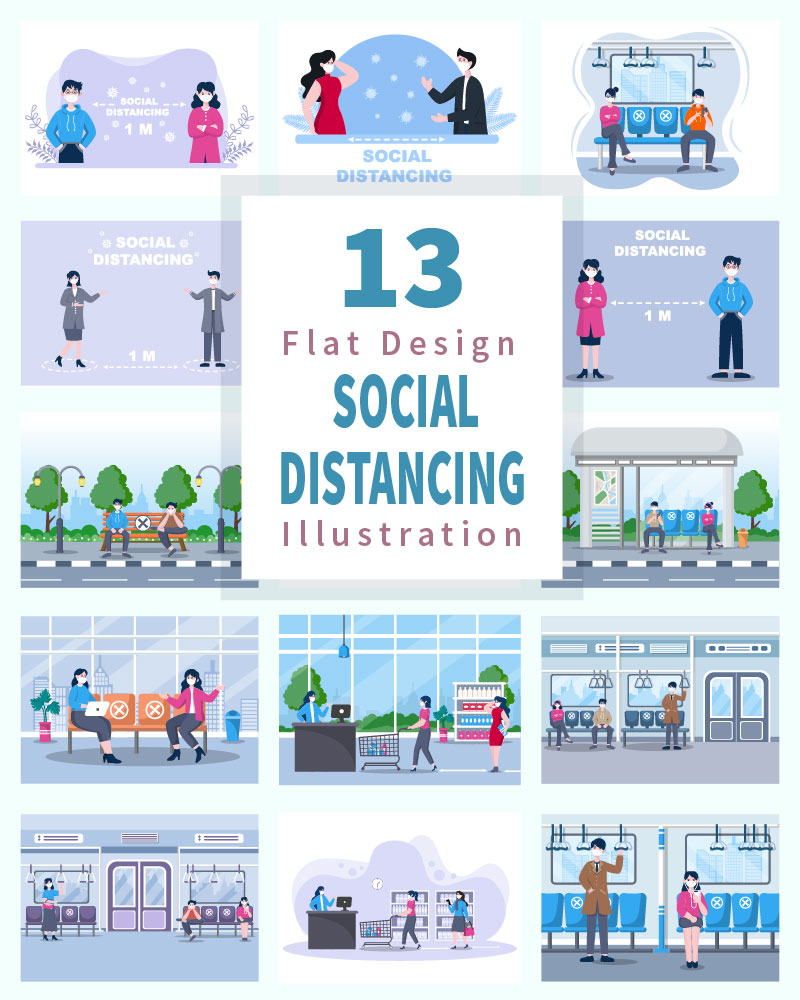 13 Social Distancing to Prevent Disease Flat Design Illustration