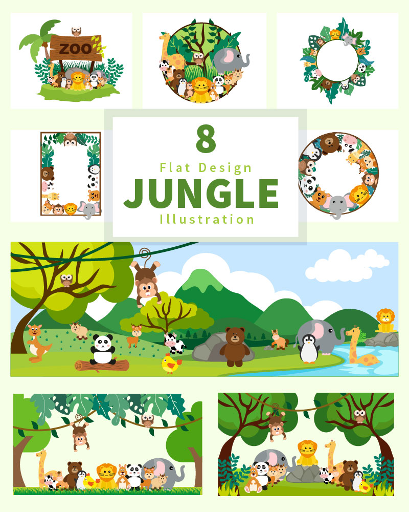 8 Jungle Animals and Zoo Cartoon Flat Style Illustration