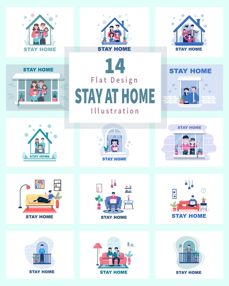 14 Stay at Home Flat Design Illustration