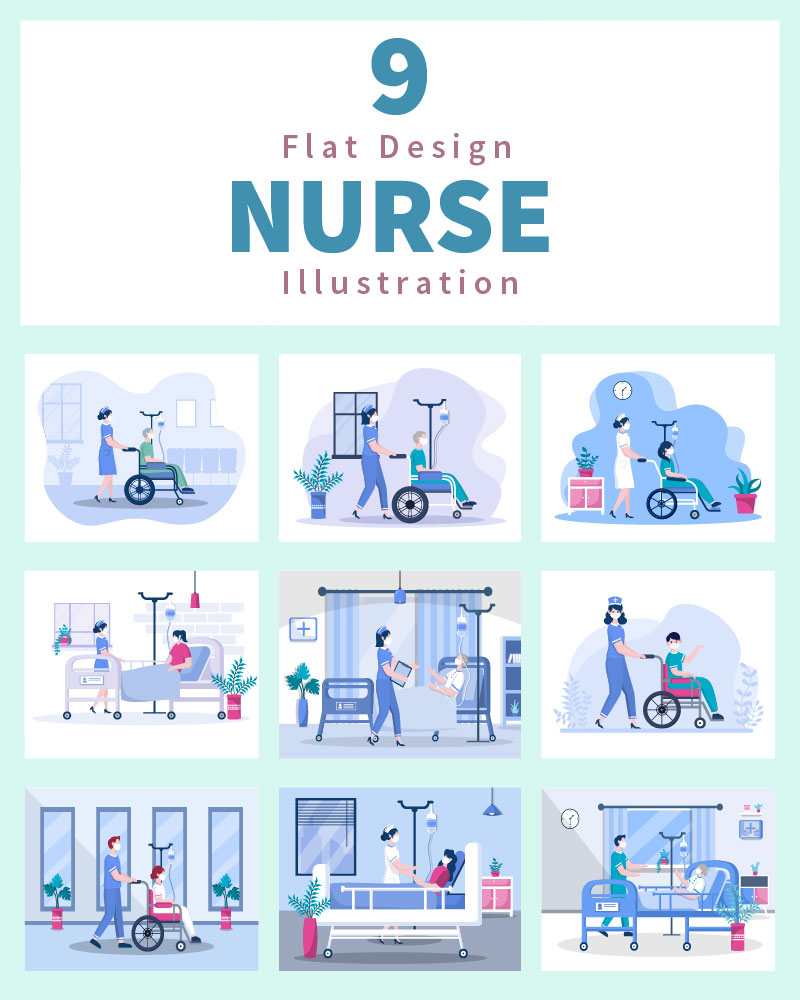 9 Nurse Helping with a Patient Flat Design Illustration