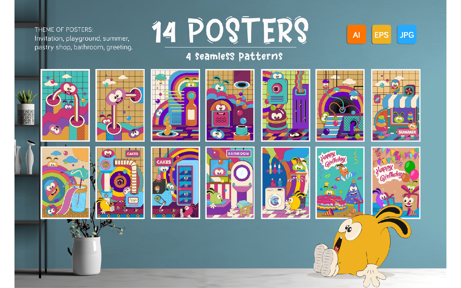 14 Children's Cards with Characters, 4 Seamless Patterns. Vectors