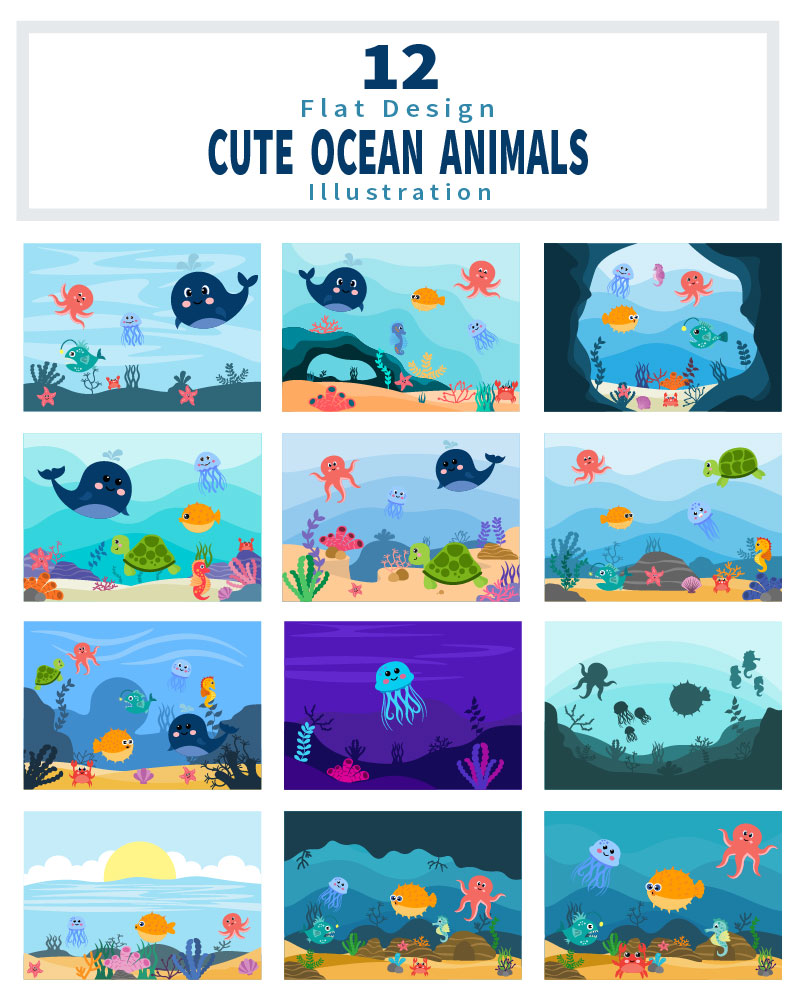 12 Cute Ocean Animals Underwater Background Flat Illustration