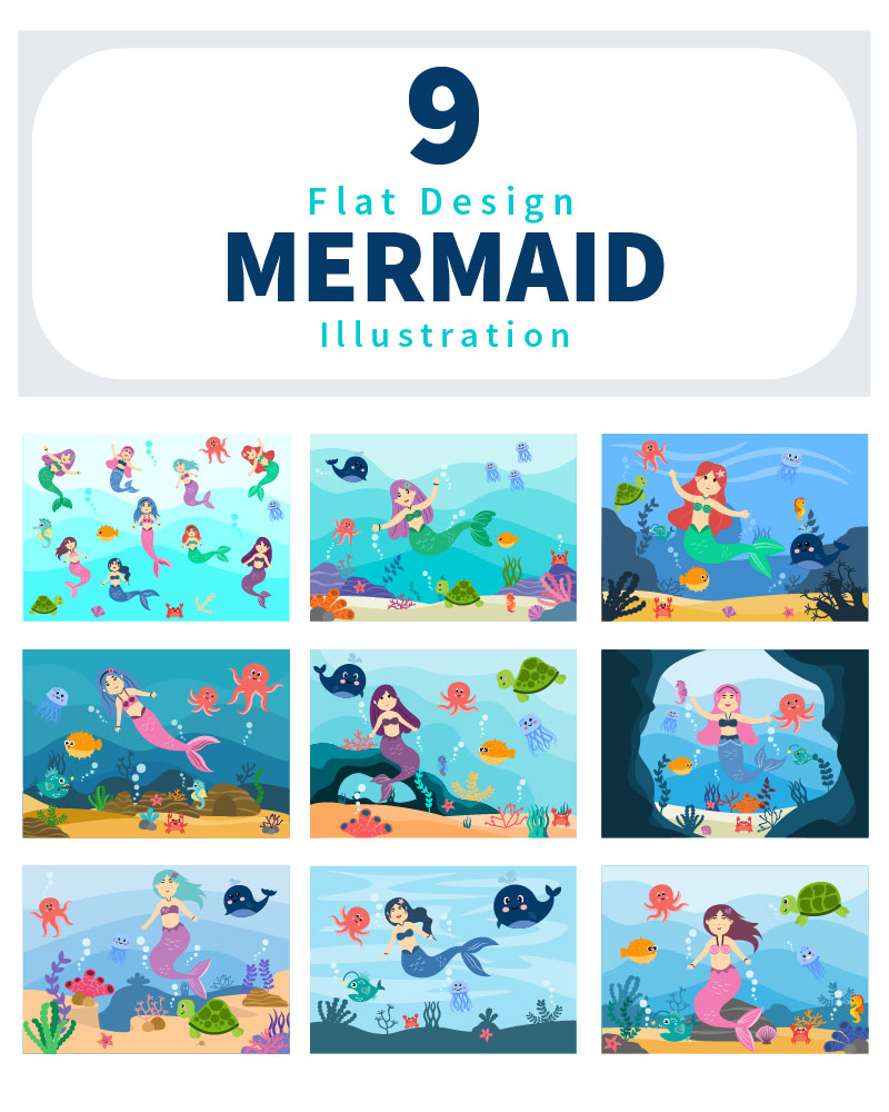 9 Mermaid And Cute Sea Animals Illustration