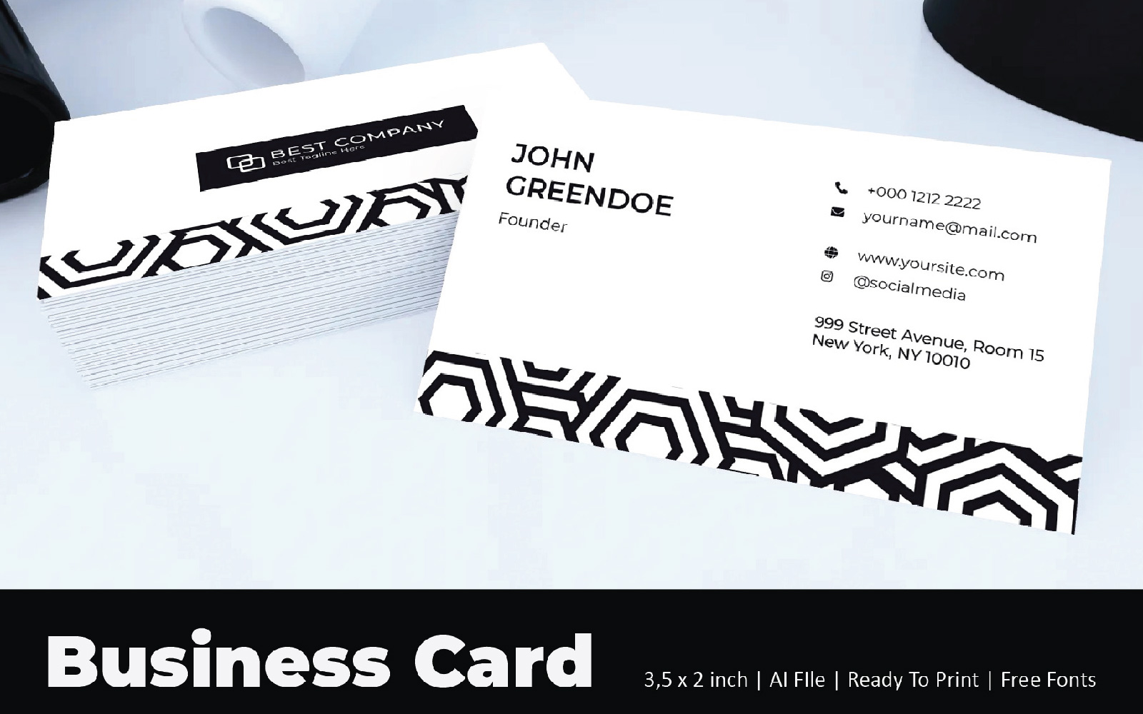 Hexagon Black White Business Card Corporate identity template