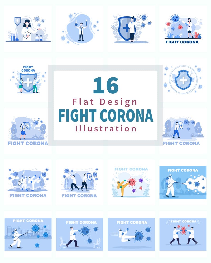 16 Fighting With Corona Virus Flat Illustration