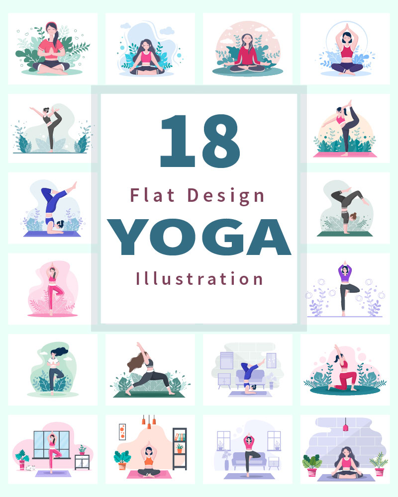 18 Yoga or Meditation Flat Design Vector Illustration