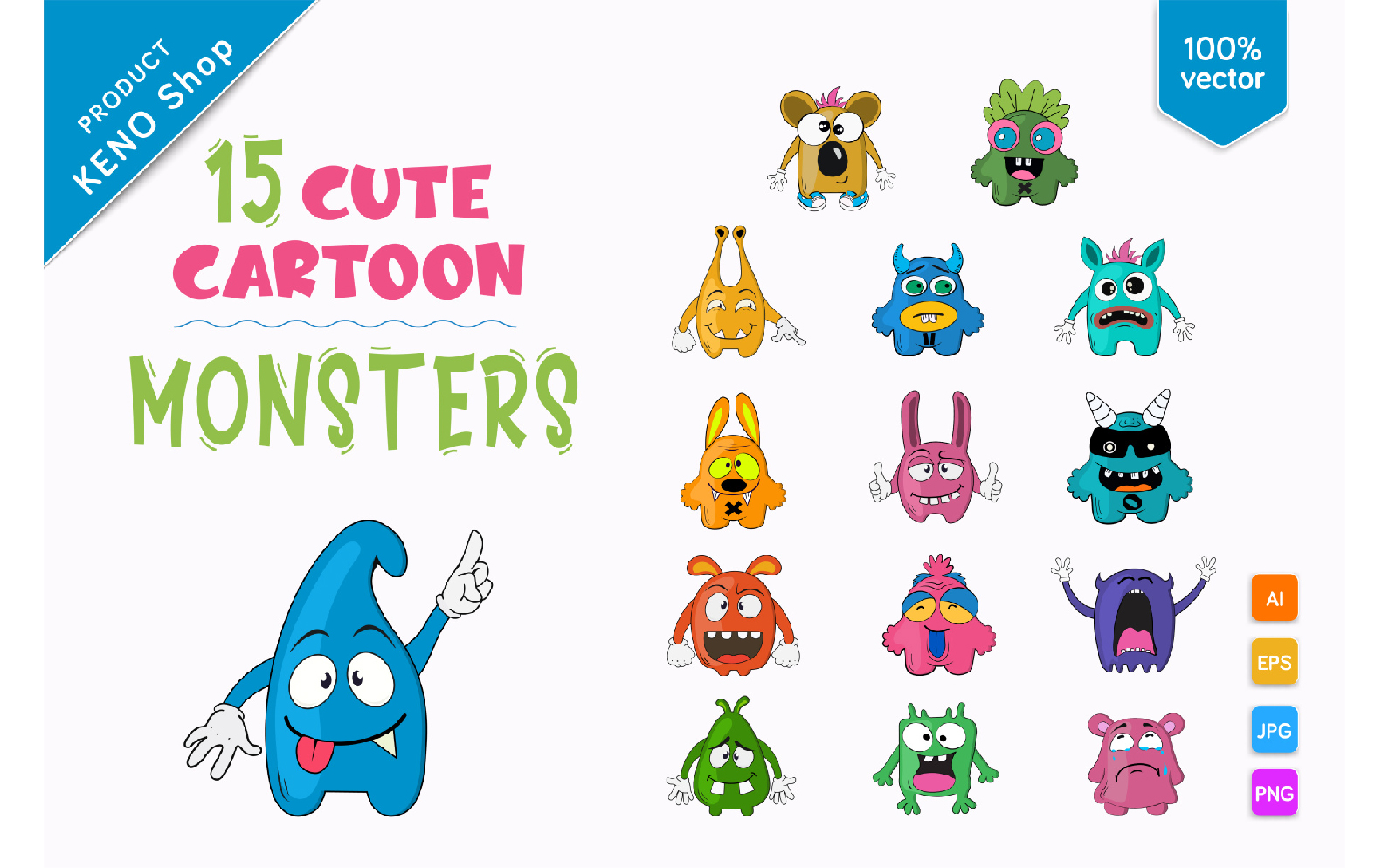 15 Cute Cartoon Monsters Vector