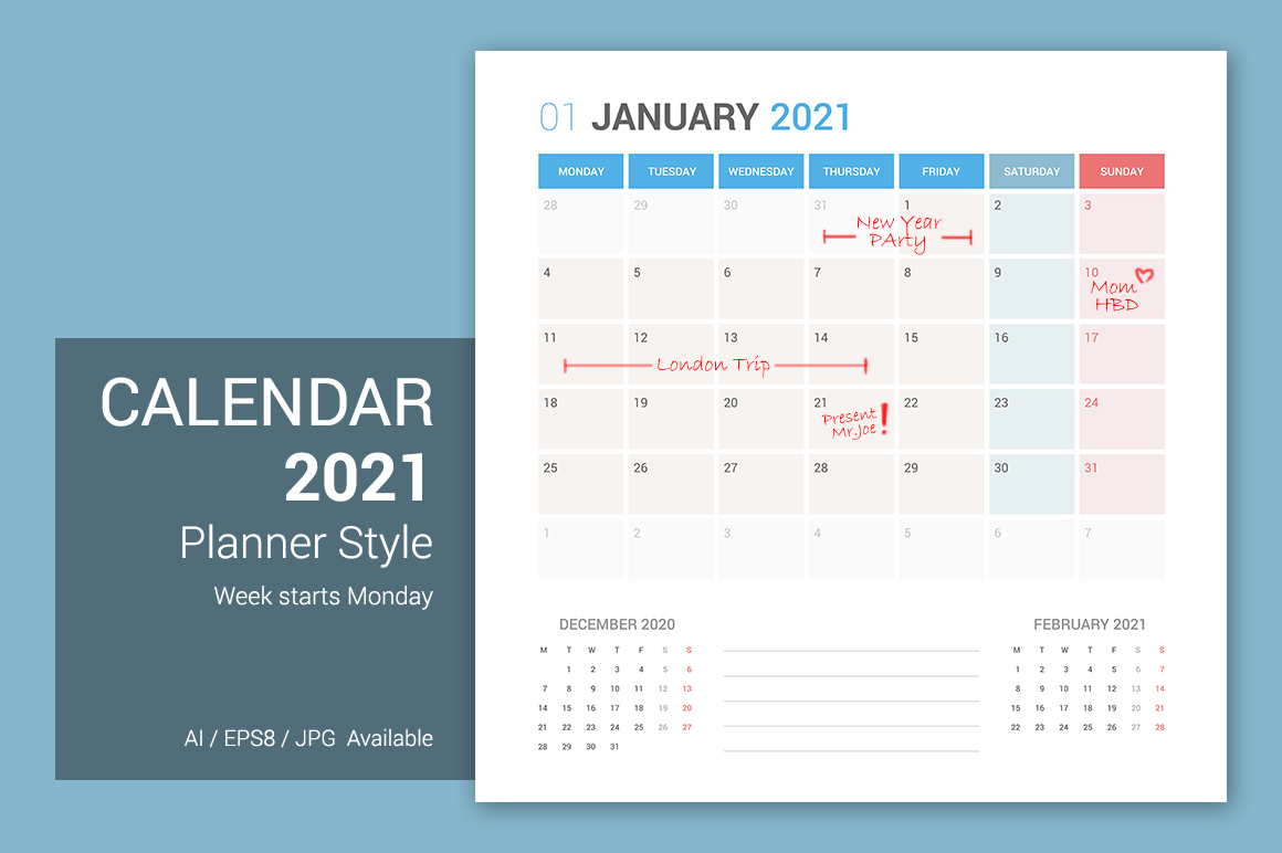 Calendar 2021 Planner Design Week Starts Monday Planner