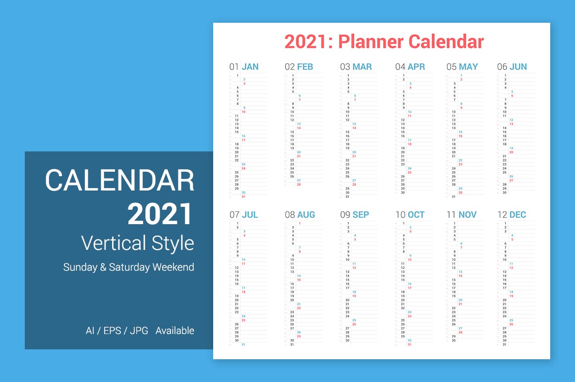 Calendar 2021 Vertical Design With Text Space Planner