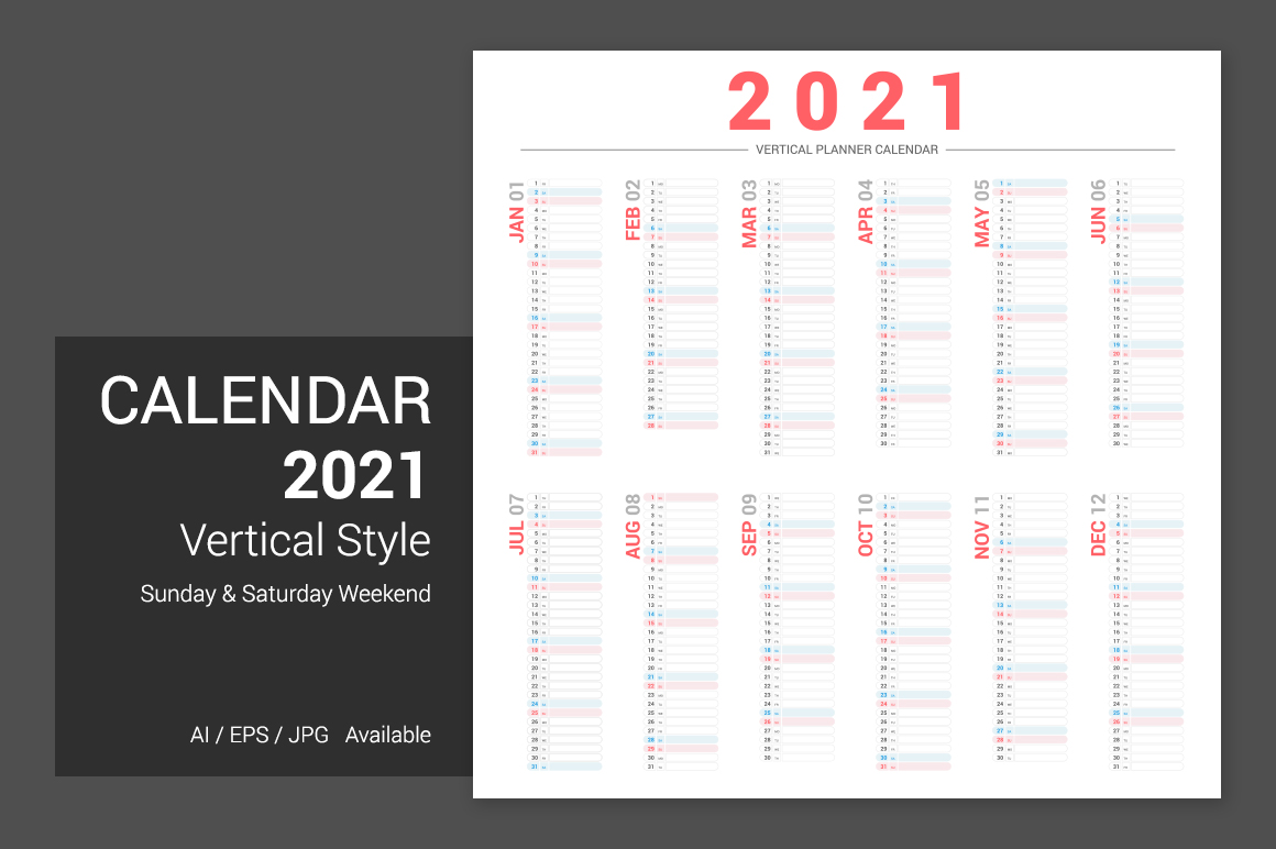 Calendar 2021 Vertical Design Saturday and Sunday Weekend With Text Space Planner