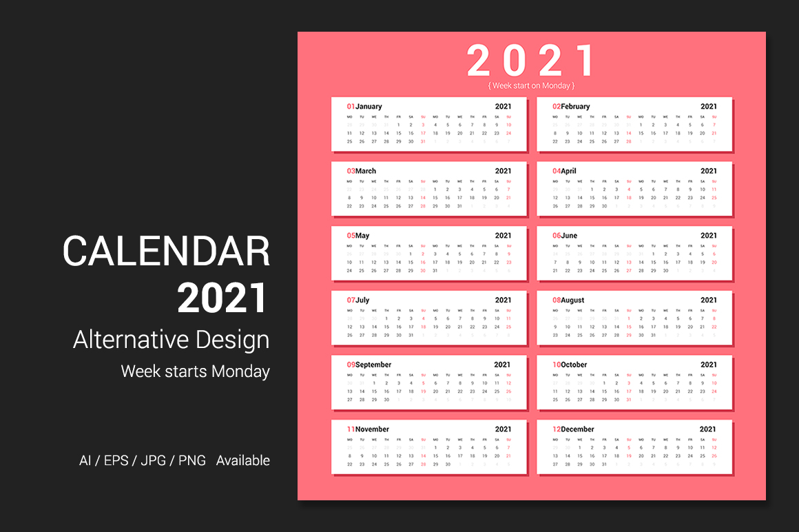 Calendar 2021 Week Starts Monday Planner
