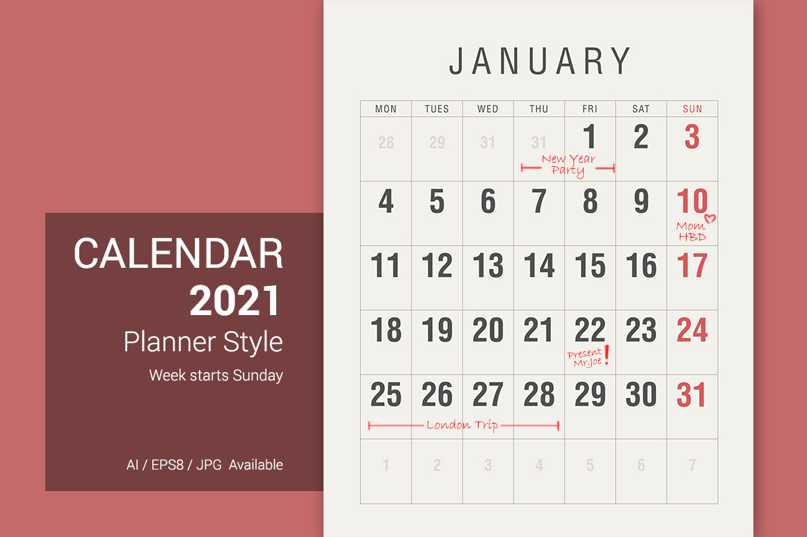 Calendar 2021 Planner Vintage Style Week Starts Monday Planner