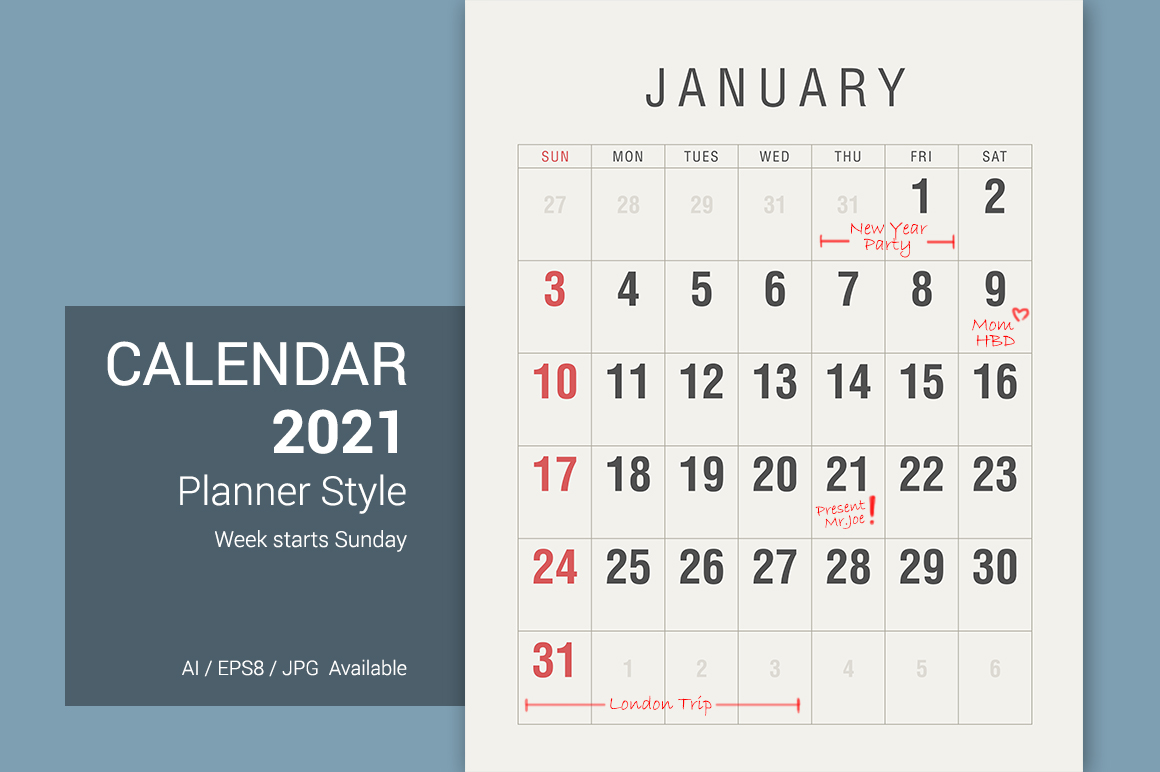 Calendar 2021 Planner Vintage Style Week Starts Sunday Planner