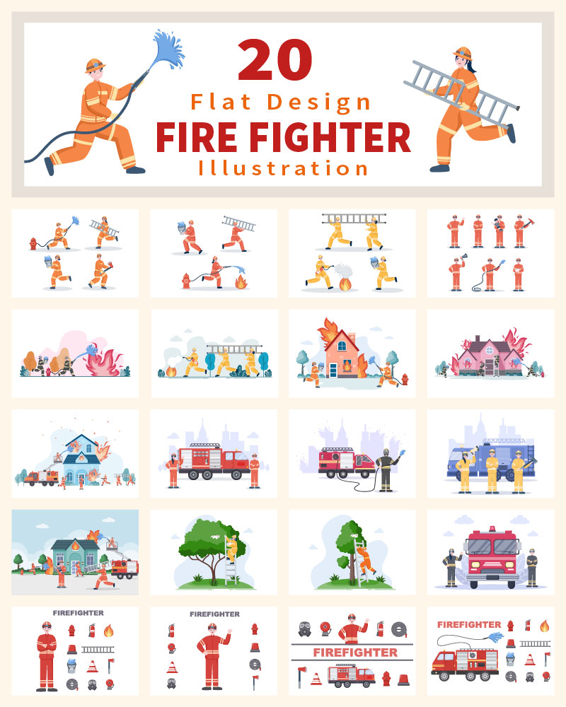 20 Group of Firefighters Illustration