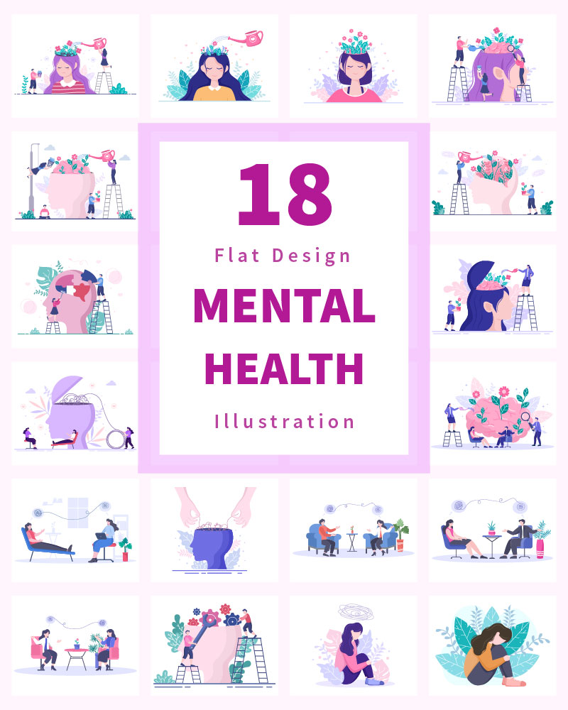 18 Mental Health Psychology Flat Illustration