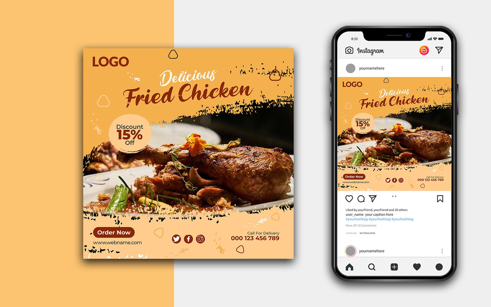 Fried Chicken Restaurant Social Media Post Design Template